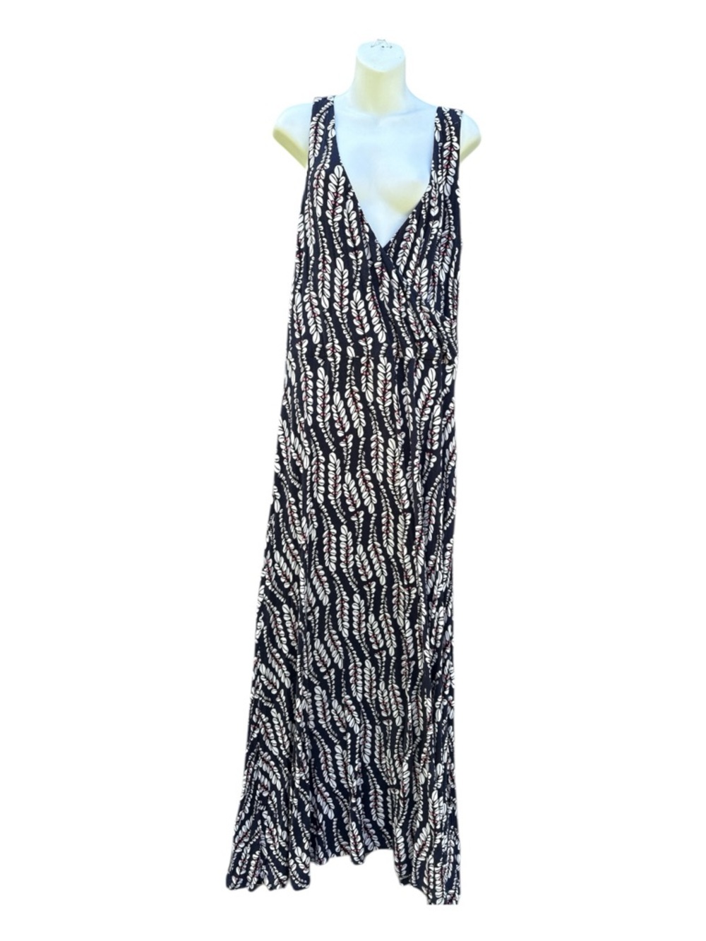 Boden Black Maxi Dress with White Leaf Stripe Print with pink berries sz 16